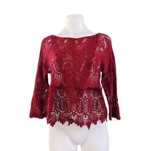 Ave Rara Size 38 US 8 Blouse Boat Neck Lace Top Red Long Sleeves
